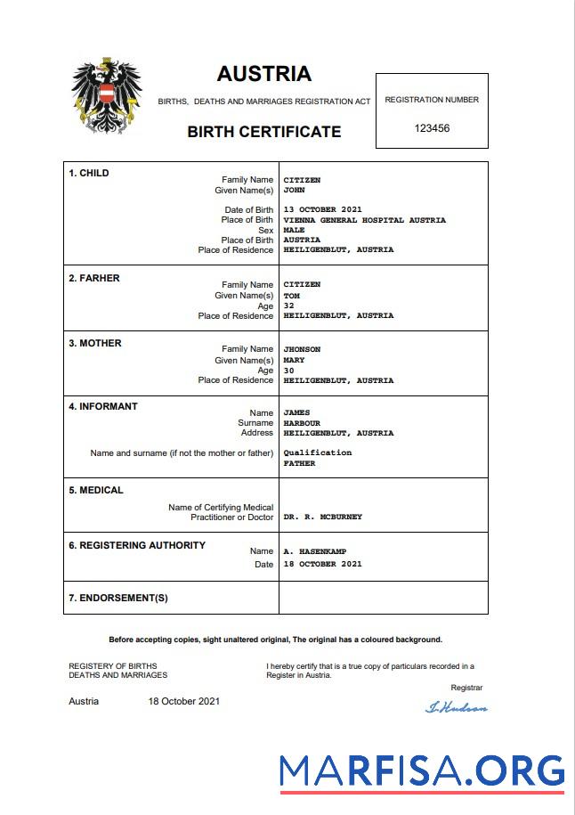 Downloadable Austria vital record birth certificate Word and PDF template